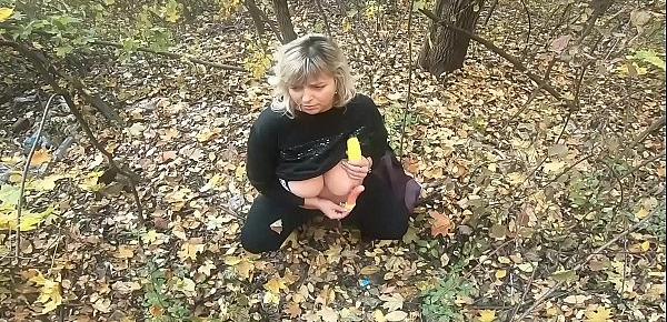  Chubby on forest smoking and play with toy with  boobs